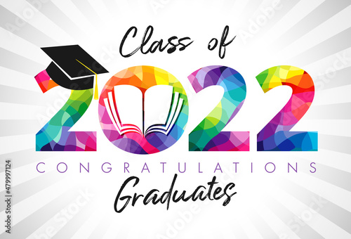 Class of 2022 graduation digits. Creative background. Class off holiday colour invitation banner. Stained-glass 20 22, open book. Isolated abstract graphic design template. Brush stroke calligraphy.