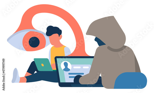 Hacker spying for man. Looking for private information. Cyber crime concept