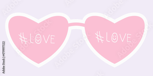 Word Love and hash sing on pink heart sunglasses Handwritten; text Design element Vector illustration Isolated on white background