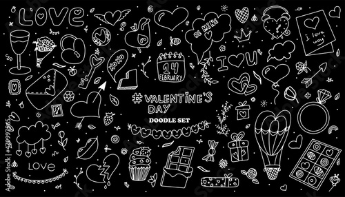 Big doodle set of icons for Valentine s day. Vector illustration for the holiday on February 14. Hand draw set for romance, wedding, date, invitation, greeting card, love. Icons for banners, sales