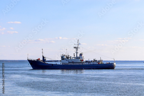 Hydrographic vessel maneuvers  haze at Baltic sea  Russia