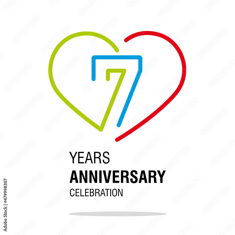 Anniversary 7 years decoration number seven bounded by a loving heart colorful modern love line design logo icon white isolated vector illustration Anniversary 7 years decoration number seven bounded by a loving heart colorful modern love line design logo icon white isolated vector illustration