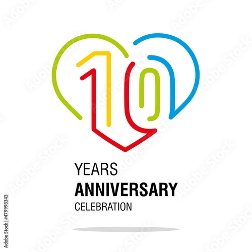 Anniversary 10 years decoration number ten bounded by a loving heart colorful modern love line design logo icon white isolated vector illustration