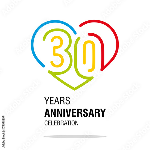 Anniversary 30 years decoration number thirty bounded by a loving heart colorful modern love line design logo icon white isolated vector illustration
