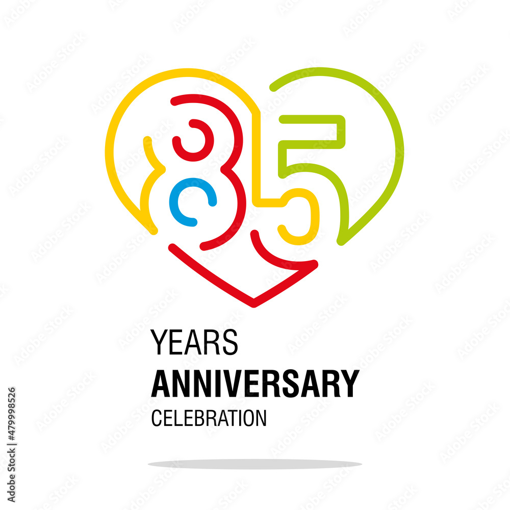Anniversary 85 years decoration number eighty-five bounded by a loving heart colorful modern love line design logo icon white isolated vector illustration