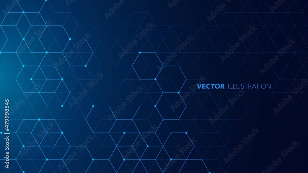 Abstract background technology. Design of a poster with honeycombs. Texture with lines, dots, neon light and hexagonal pattern. Information grid. Digital communication. Cells, data stores. Vector