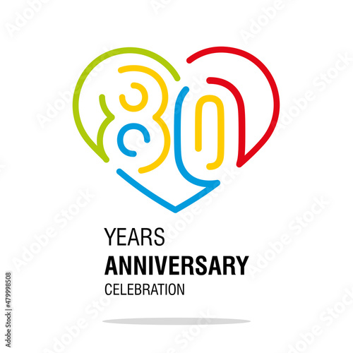 Anniversary 80 years decoration number eighty bounded by a loving heart colorful modern love line design logo icon white isolated vector illustration