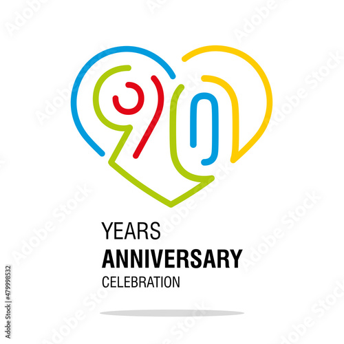 Anniversary 90 years decoration number ninety bounded by a loving heart colorful modern love line design logo icon white isolated vector illustration