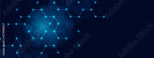 Abstract background technology. Design of a poster with honeycombs. Texture with lines, glowing dots, neon light and hexagonal pattern. Digital communication. Twinkling stars. Vector illustration