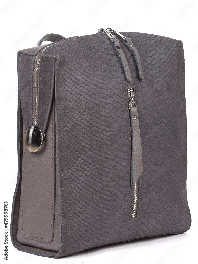 Grey woman's leather fashion backpack on white background Grey woman's leather fashion backpack on white background