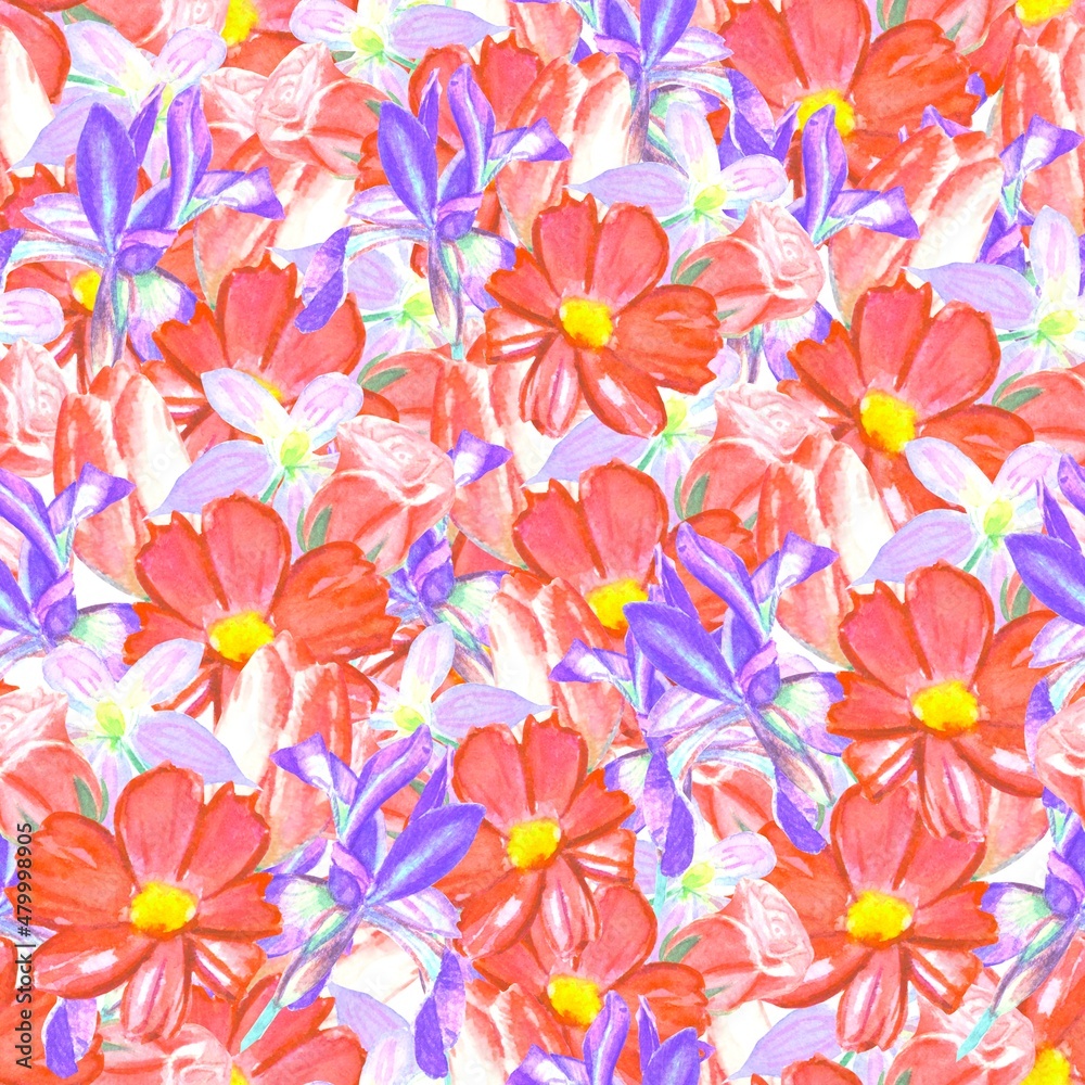 Watercolor seamless pattern with flowers.Hand drawn nature painting.