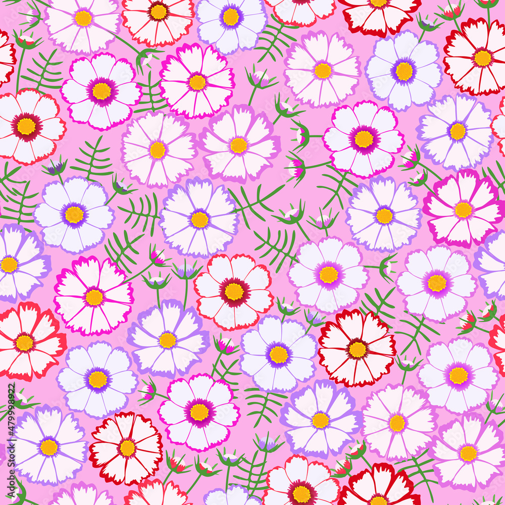 pink candy cosmos floral pattern. flower pattern. purple pink red flowers pattern. good for fashion, wallpaper, fabric, dress, etc.