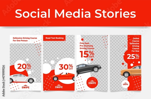 Driving course social marketing media stories landing page set vector flat illustration