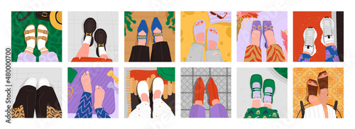 Lifestyle in different places for self-made modern women set. Female legs top view selfie in different locations for work, sport, jogging, walking, studying, meeting. Self-development vector concept