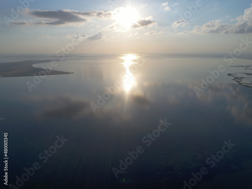 Nature drone sea view with clouds reflections on Arabatskaya Strelka , Ukraine photo