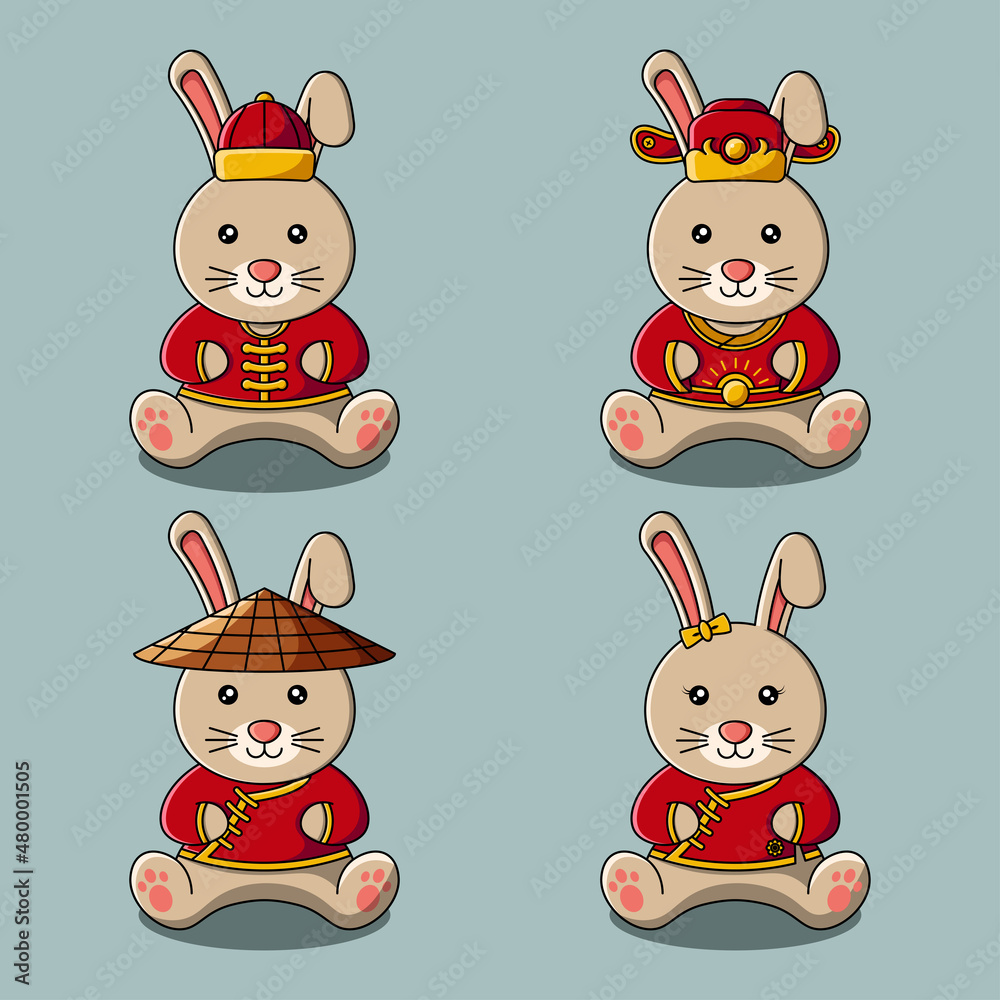 Cute bunny in Chinese traditional costume collection illustration Stock