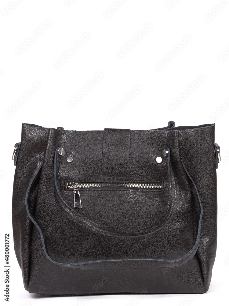 Naklejka premium Black large with strap leather woman's handbag isolated on white background