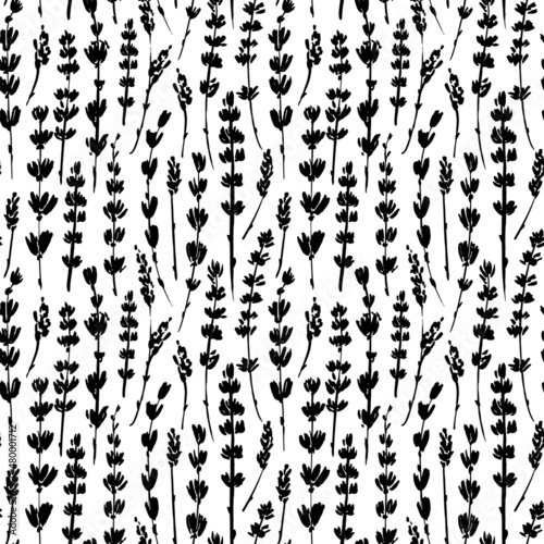Silhouette meadow flowers seamless pattern. Hand drawn abstract lavender flowers ornament. Vector botanical black ink illustration. Retro style design for textile, wrapping paper, wallpaper design