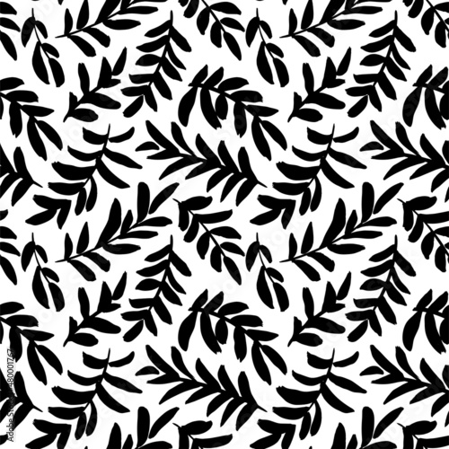 Seamless pattern with black leaves. Vector hand drawn twigs silhouettes. Abstract plant motif with foliage. Tropical pattern, palm leaves seamless vector floral background. Branch ornamental texture. 