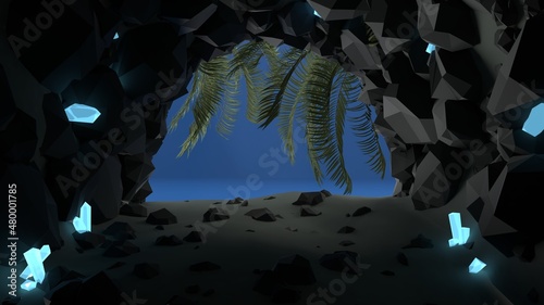Wallpaper Mural Landscape cave by the ocean lighting palm tree 3d render Torontodigital.ca