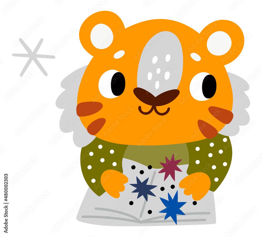 Cute tiger reading book. Smart orange cat character Cute tiger reading book. Smart orange cat character