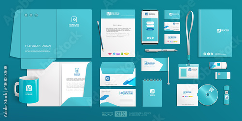 Realistic stationery items with blue abstract design Corporate identity mockup set. Corporate Identity Branding Mock-up set with crown logo. Office items and objects mockups