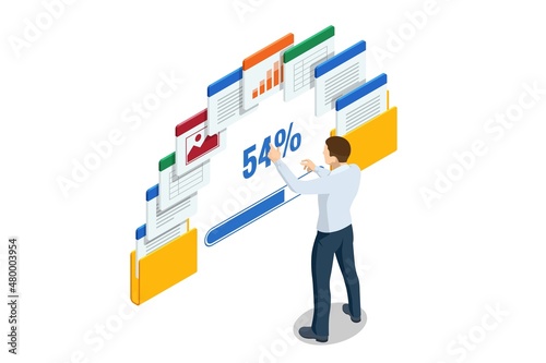 Isometric file in database, document flow management concept. Cloud data storage and remote data access