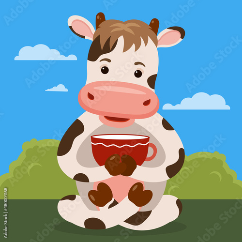 Cartoon cow character sitting with a cup of milk.
