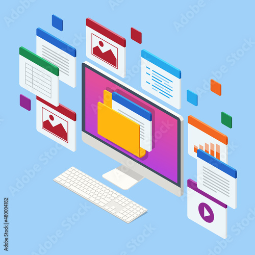 Isometric file in database, document flow management concept. Cloud data storage and remote data access