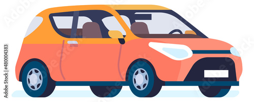 Hatchback icon. Orange car renting logo. Auto sharing symbol