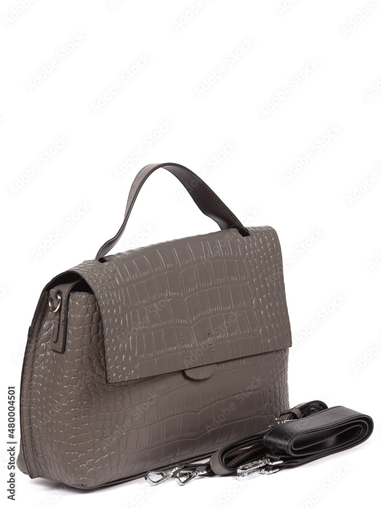 Naklejka premium Small grey leather woman's handbag isolated on white background