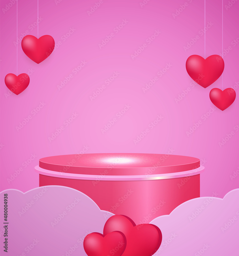 Vector illustration red hearts background with shining stage podium and flying clouds