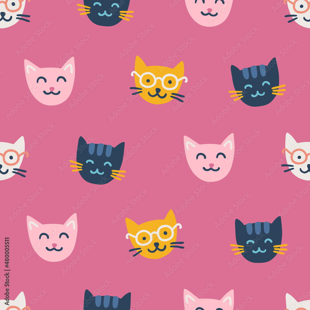 Animal seamless pattern with cute cats on pink background