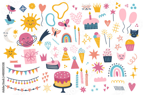 Birthday design elements - sun, cake, ice cream, balloon, candles, stars