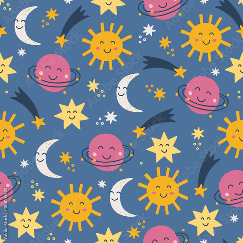 Seamless pattern with sun, moon, planets, stars, comets. Vector illustration