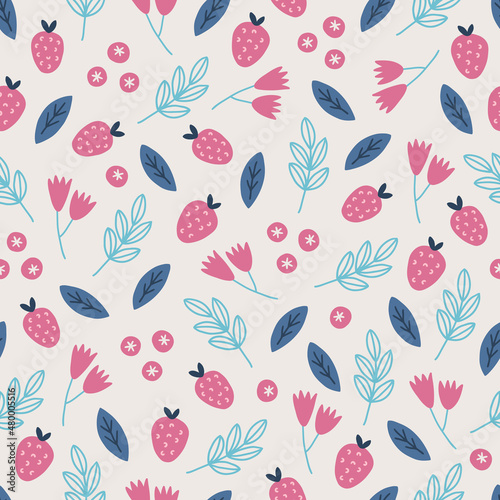Floral seamless pattern with strawberry, flowers, berries, leaves. Vector illustration