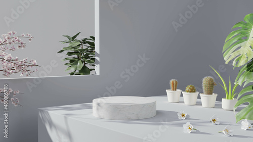 Mock up cylindrical white marble pedestal showcase podium stage with natural fresh plants for product presentation selective focus 3D rendering illustration
