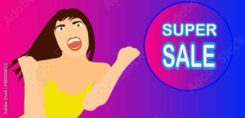 super sale. rebajas. mujer contenta por rebajas. chica eufórica por los descuentos.