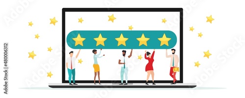 Online quality assessment. Five stars, five likes. Customer feedback, testimonial, online survey concept. Group of people rating customer experience, writing review, leaving feedback. Vector.