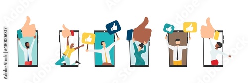 Online quality assessment. Five stars, five likes. Customer feedback, testimonial, online survey concept. Group of people rating customer experience, writing review, leaving feedback. Vector.