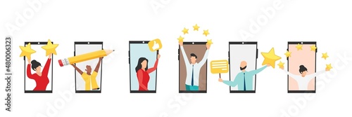 Online quality assessment. Five stars, five likes. Customer feedback, testimonial, online survey concept. Group of people rating customer experience, writing review, leaving feedback. Vector.