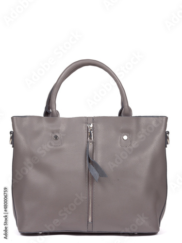 Grey leather woman's handbag with strap isolated on white background