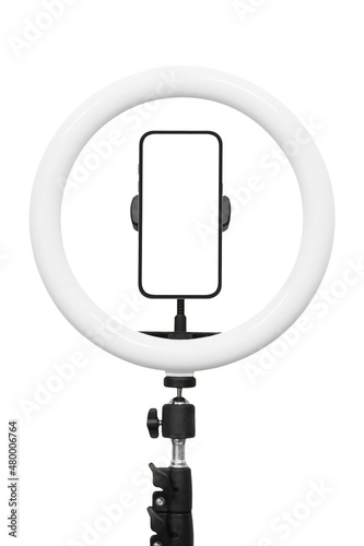 smartphone with led ring lamp isolated on white
