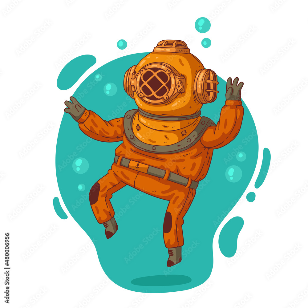 Floating old style diver. Sketch drawn vector illustration of a diver