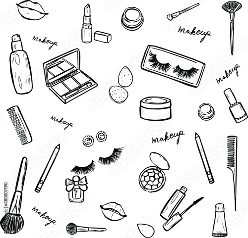 Hand draw elements of cosmetology, hairdressing, makeup and manicure. Cosmetic instrument isolated. Fashion woman accessory set isolated vector on white background.