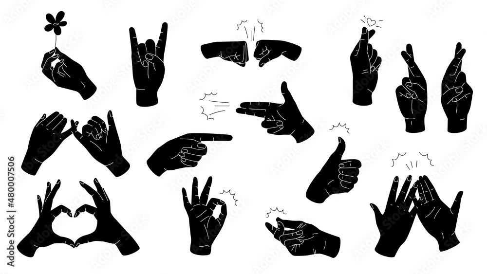 Simple hand gestures black silhouettes. Vector set isolated on white background. OK, love, pinky swears, high five, fist bump, fingers crossed, and pointing gestures.