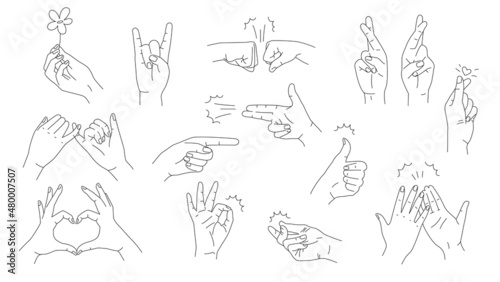 Simple hand gestures linear vector set. Vector set isolated on white background. OK, love, pinky swears, high five, fist bump, fingers crossed, and pointing gestures.