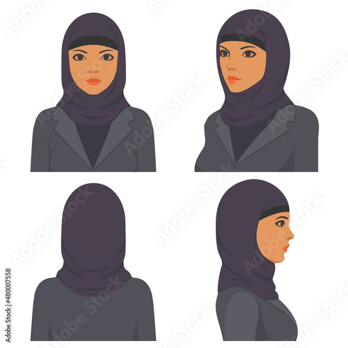 arabian muslim face portrait, Front, profile, side view
