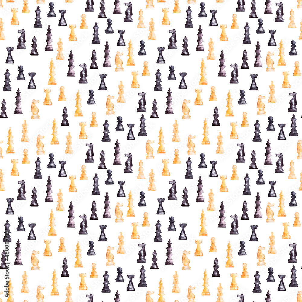Watercolor seamless pattern drawing with chess pieces
