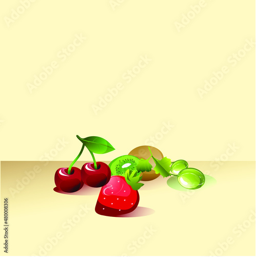 Set of four fruit illustrations. Posters with gooseberry, wine, clover and kiwi. Home, kitchen decor, advertising.